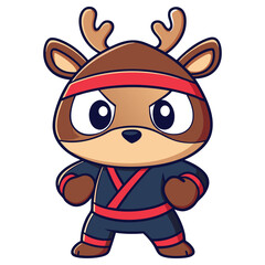 Cartoon Reindeer Dressed as Ninja, Black Outfit, Red Headband, Cute, Ready to Fight
