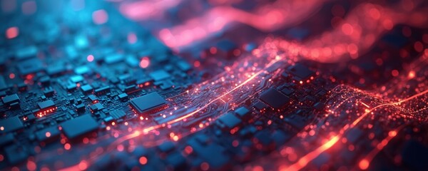 Futuristic digital illustration intricate circuits with glowing lights. Abstract technology background with network of interconnected data streams, electric impulses, perfect for, computer tech, data