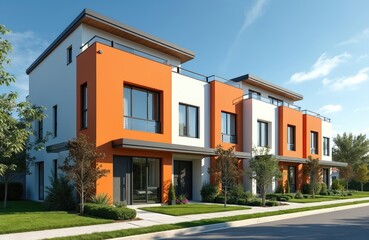 Obraz premium Modern row of townhouses with orange and white exterior design under blue sky. Sleek architecture features large windows, front yards. Suburban community home. Real estate, housing development.