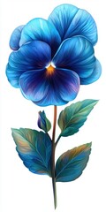 Vibrant Blue Pansy Flower with Detailed Petals and Lush Green Leaves, Captivating Nature Artwork for Various Themes