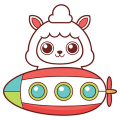Animated Sheep in Red Submarine, Fun Cartoon Illustration, on White Background