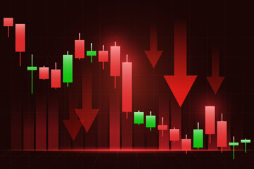 Stock Exchange Market Trading Down Graph with Red Candlestick Patterns Volume Loss Investment and Financial Trends Ideal for Trade Analysis Economic Forecast and Crisis Market Dashboard Visualization