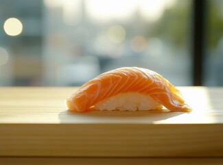 Salmon Nigiri Sushi Close-up on Wood with Bright Bokeh Background
