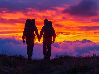 Two people hike together with backpacks as a sunset looms