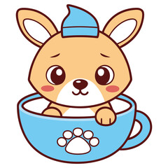 Cartoon Puppy Dog Sitting in Blue Cup with Paw Print and Blue Sleeping Cap