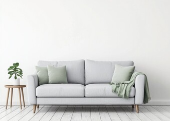 Modern Gray Sofa with Green Cushions in Minimalist Living Room