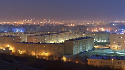 Fototapeta premium Night cityscape panorama, illuminated apartment buildings, winter, city lights, residential area, urban landscape, snowy ground, distant city skyline.
