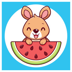 Delightful Cartoon Kangaroo Smiling Behind Sliced Watermelon Fresh Summer Feeling