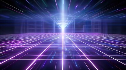 A grid of glowing blue squares with purple light shining down on them, creating an otherworldly and futuristic atmosphere. 