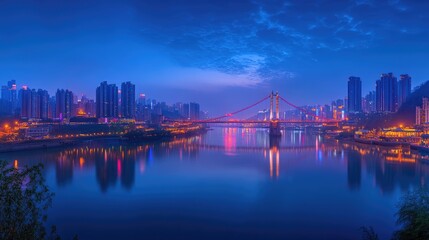 Obraz premium Night View of a City with a Bridge Over a River