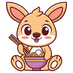 Cartoon Kangaroo Enjoys Noodles, Holding Chopsticks, Bowl Detail, Anime Style