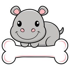 Hippo Cartoon Character Sitting Top of Bone, Animal Mascot Logo, Playful, Outline,