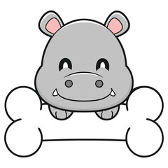 Cute Hippo Character with a Bone, Cartoon Animal Illustration, Isolated Design