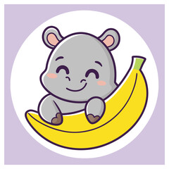 Happy Cartoon Hippopotamus with Banana. Cute Animal Design in Circle Frame