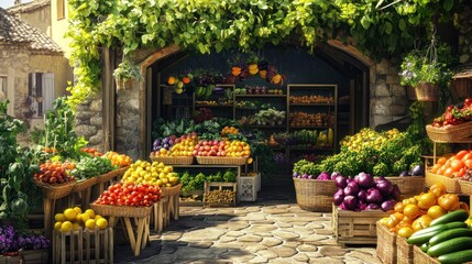Colorful outdoor produce market with fresh fruits and vegetables displayed on wooden crates in a charming European village setting.