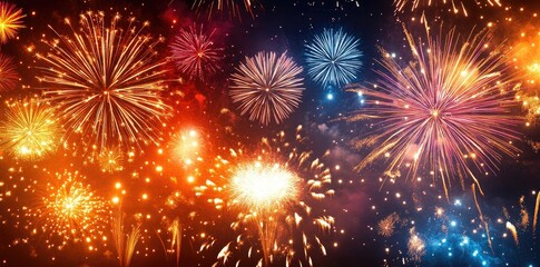 Obraz premium A vibrant display of fireworks lighting up the night sky, showcasing a variety of colors and patterns in an explosive celebration.