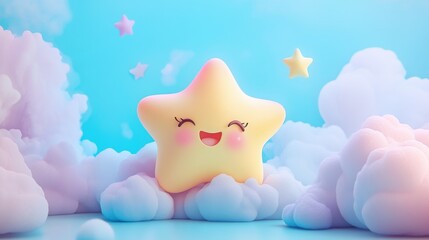 Obraz premium A cute pastel-colored star character joyfully floats among fluffy clouds against a dreamy gradient background in a soft lighting atmosphere, showcasing detailed and vibrant design