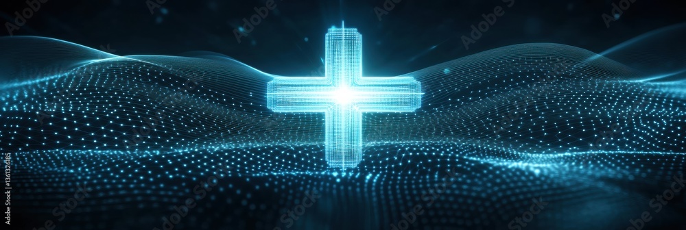 Poster Futuristic medical design with glowing waveforms and a cross-shaped symbol Generative AI