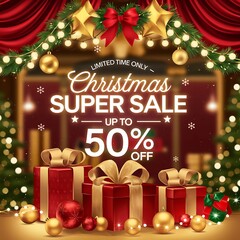 Festive Christmas Super Sale background with red and gold holiday theme featuring glowing fairy lights, elegant gift boxes golden ribbons, and bold 50 percent off discount sign for holiday promotions