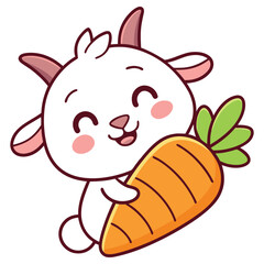 Cartoon Goat Holding a Large Carrot, Cute Smiling Farm Animal, White Background, Clip Art