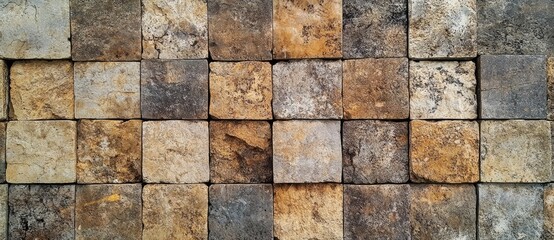 Fototapeta premium A textured wall made of various natural stone tiles in earthy tones, showcasing a seamless pattern of squares.