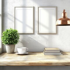 Cozy Indoor Workspace with Plant and Empty Frames on Wall