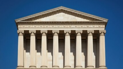 Naklejka premium Architectural Detail of Classic Columns Under Clear Blue Sky Featuring Elegant Frieze and Prominent Pediment in a Neoclassical Style