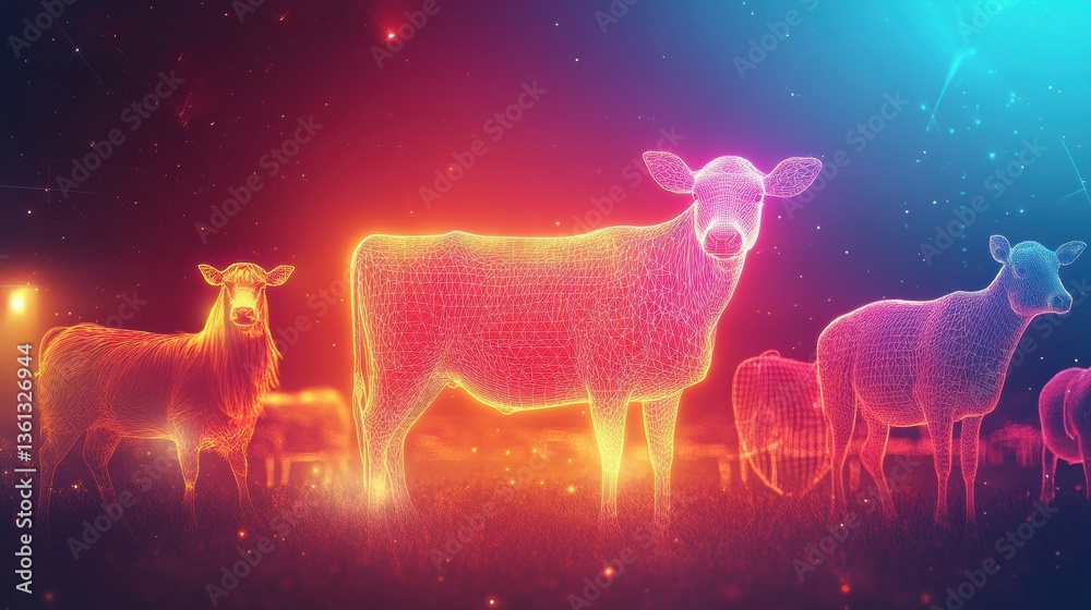 Aufkleber Surreal abstract composition of glowing farm animals in a dreamlike atmosphere with smooth gradients and vibrant energy Generative AI
