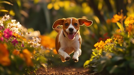 Joyful Beagle in Bloom: A happy beagle, ears flapping in the breeze, leaps joyfully through a vibrant flower garden, its playful energy a burst of color and vitality.