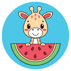 Cartoon Giraffe Holding Watermelon Slice on Blue Background, Cute Animal