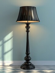 Elegant black floor lamp with pleated shade illuminating a serene indoor space with soft shadows and calming ambiance