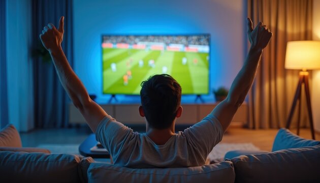 Man watching football game on TV at home. He celebrates scoring goal or team victory by raising arms, shows thumbs up. Emotional fan enjoys leisure time.