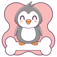 Adorable Penguin Character with Bone Shape, Smiling, Outline Style, Pink Accents