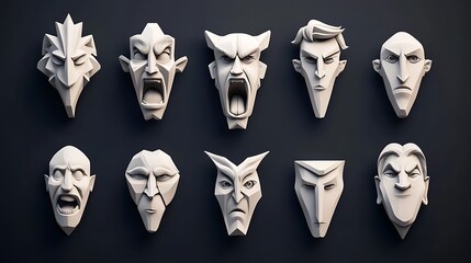 Naklejka premium Stylized 3D Rendered Faces: A Collection of Low-Poly Expressions AI Generated