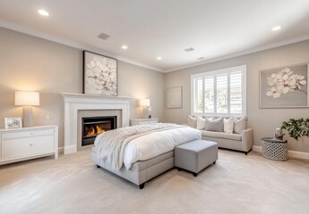Luxurious master bedroom with fireplace, plush bed, and sitting area.