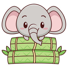 Adorable Elephant Cartoon Character Sitting on Stacked Bamboo Stalks