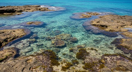 Fototapeta premium Clear Turquoise Water Over Sunlit Rocks and Seaweed at the Beach