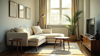 Bright Living Room Interior with Modern Couch, Television and Natural Light