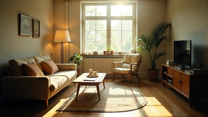 Fototapeta premium Living Room Interior with Couch Armchair and Natural Light from Window
