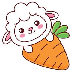Cartoon Sheep Inside Carrot Isolated on White, Cute Animal with Funny Expression