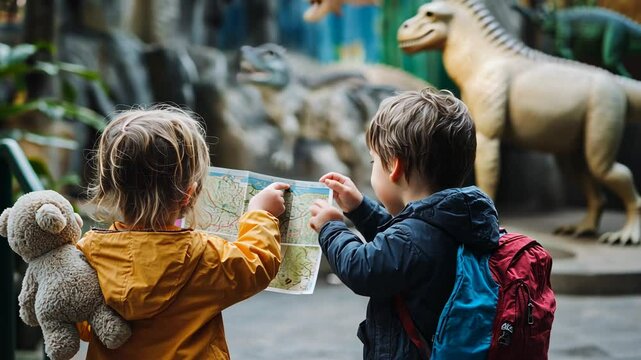 Kids exploring dinosaur park map