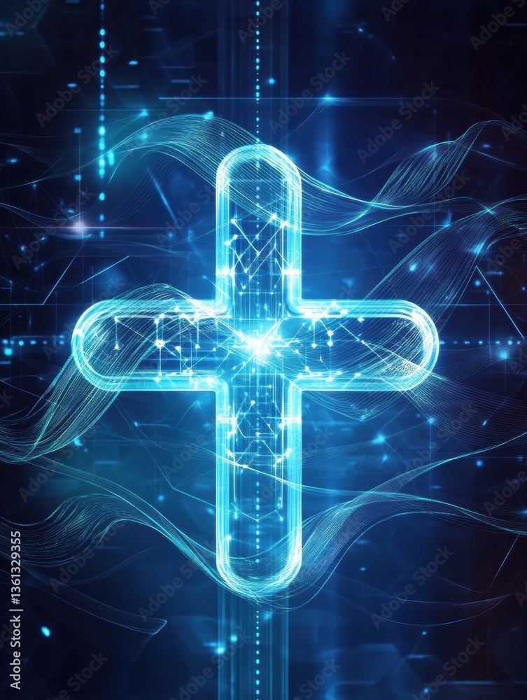 Poster Glowing waveforms blend into a futuristic cross-shaped medical symbol in a high-tech blue and white gradient design Generative AI