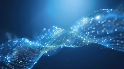 Blue digital background vector with glowing dots in a wave shape on a dark blue gradient for a technology concept design. Abstract halftone texture illustration. 