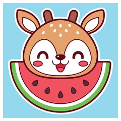 Cartoon Deer with Watermelon Slice. Cute Animal Character on Light Blue Backdrop