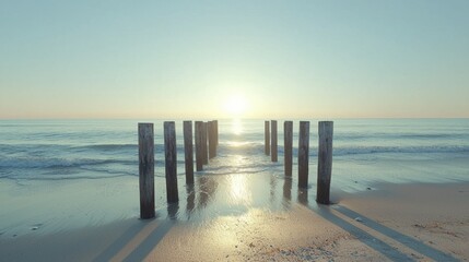 Seascape with wood posts leading into the ocean at sunrise, sun shining bright on the horizon, sand and water reflecting the light