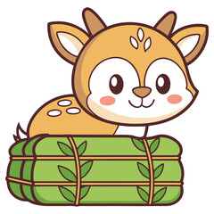 Adorable Cartoon Deer Sitting on Green Bamboo Decoration with Black Outlines