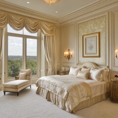 Luxurious master bedroom with large window, elegant drapes, and plush bedding.