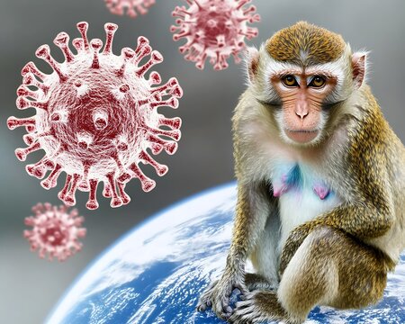 A monkey with virus illustration above a representation of the world - Powered by Adobe
