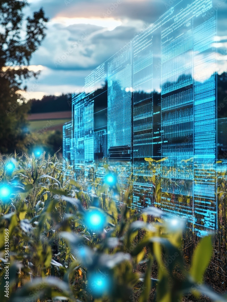 Aufkleber high-tech holographic display shows crop yield data above rural farmland with glowing blue elements 