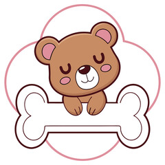 Cartoon Brown Bear Holding Bone with Pink Frame, Cute Animal Mascot with Closed Eyes